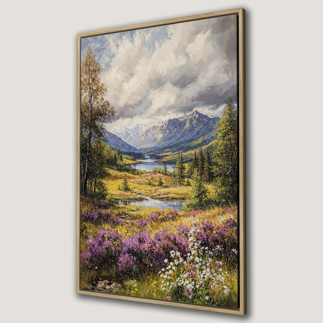 Framed Wall Art: Stunning landscape Canvas Print featuring a mountain valley scene with vibrant wildflowers and a natural color palette. Perfect for adding nature's beauty to your home!