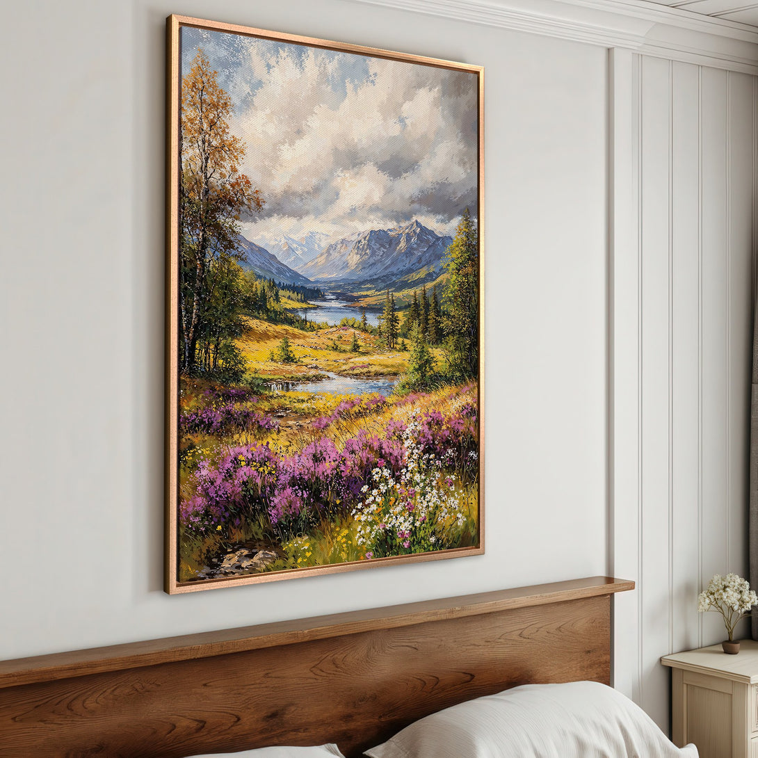 Framed Wall Art: Landscape painting with mountains and flowers in a warm color palette. Bring nature's beauty indoors with this stunning canvas print.