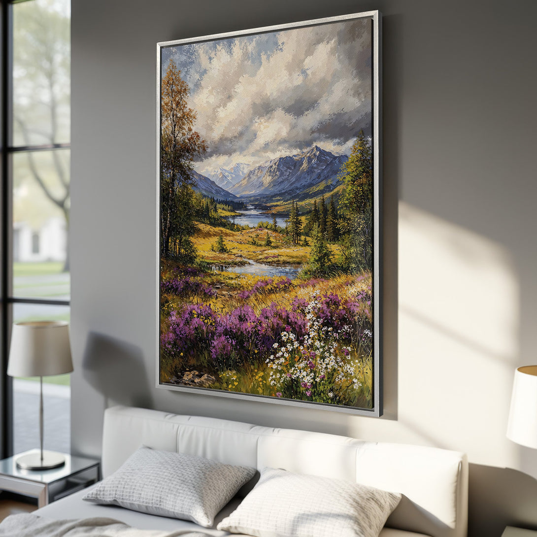 Framed Wall Art: Stunning landscape Canvas Print with vibrant purple wildflowers, mountains, and a serene lake. Adds a touch of nature's beauty to any room.