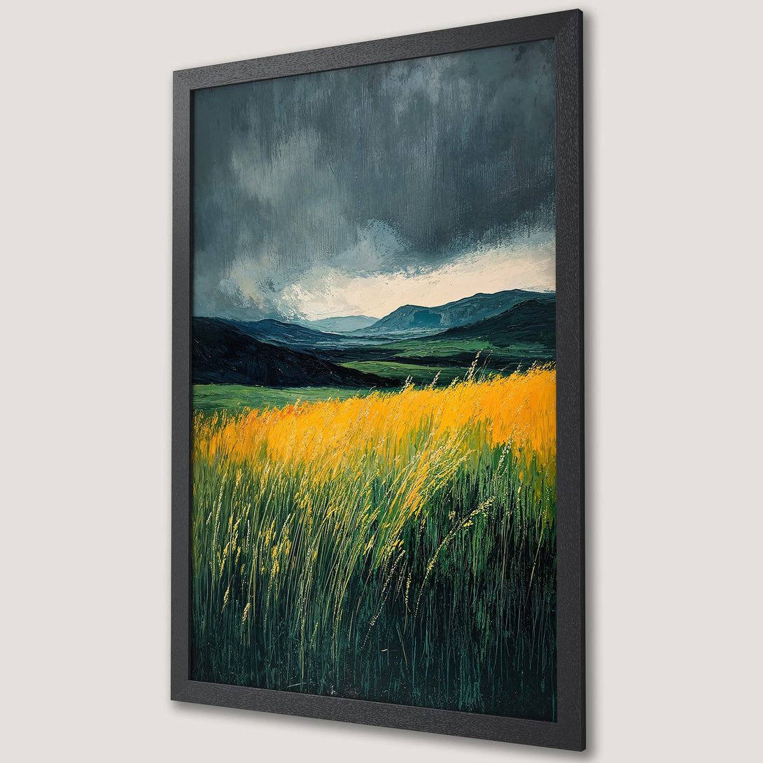 Framed Poster of a landscape painting with a field of yellow grass, moody sky, and mountain range. Features a green, yellow, and dark blue color palette.