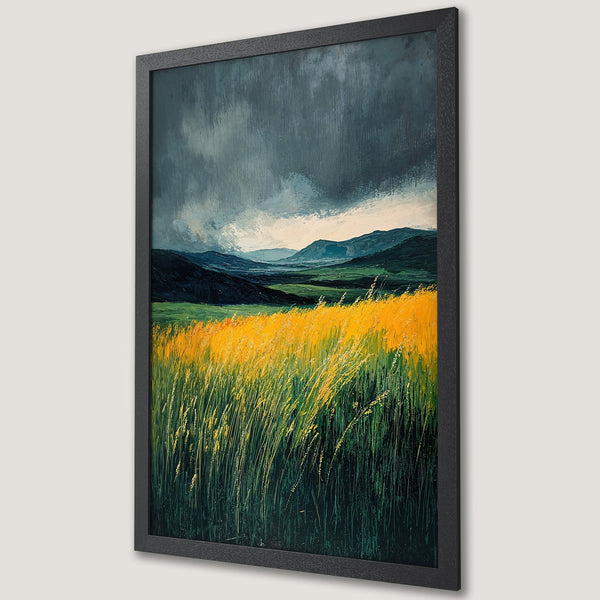 Framed Poster of a landscape painting with a field of yellow grass, moody sky, and mountain range. Features a green, yellow, and dark blue color palette.