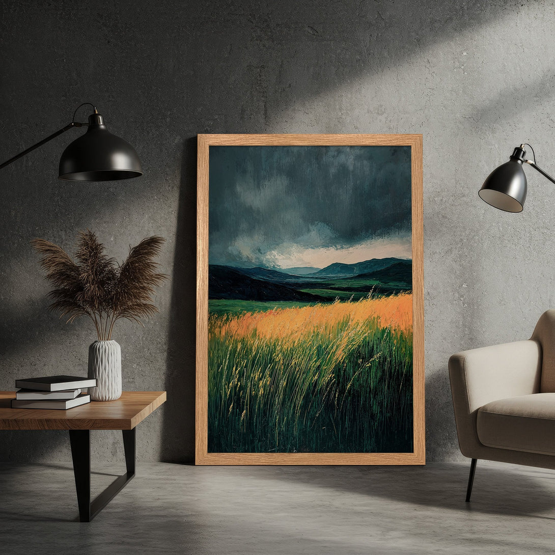 Framed Poster of a landscape painting with a moody sky and golden field. Earthy tones and artistic style. Perfect wall art.