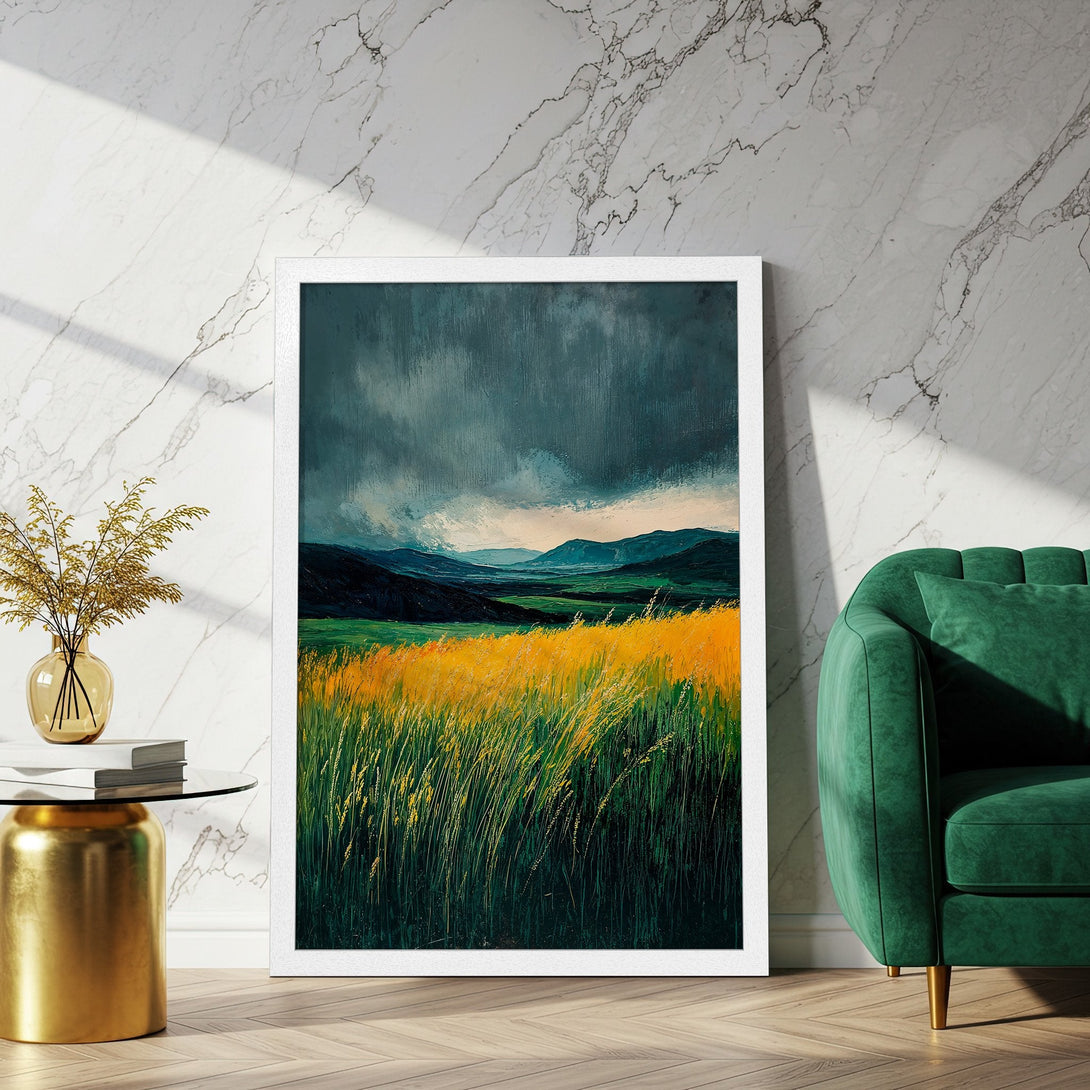 Framed Poster of a vibrant landscape painting. Features a dramatic sky, rolling hills, and golden grass. Earthy tones with pops of green.