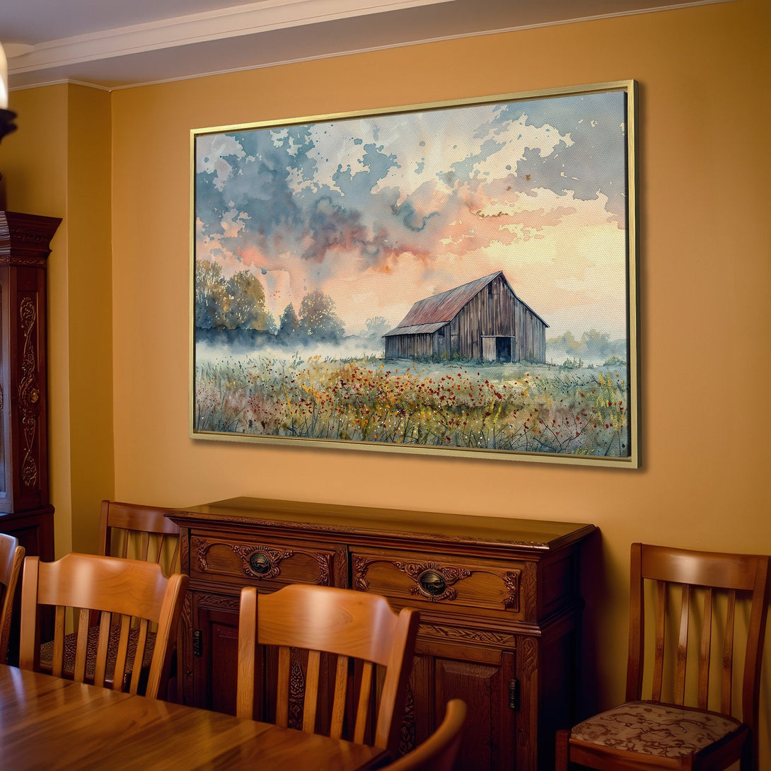 Canvas Print of a watercolor barn scene. Rustic style with warm, neutral color palette. Perfect for farmhouse decor.