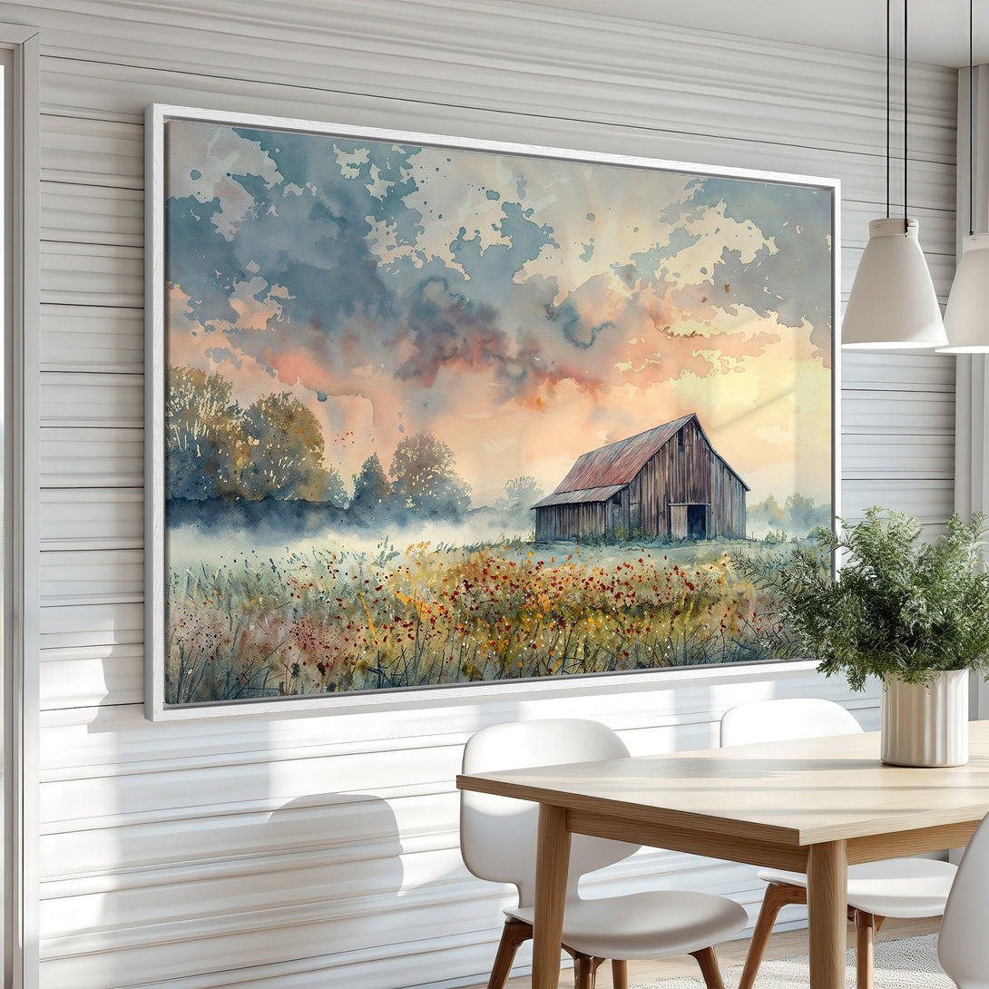 Framed Wall Art: Watercolor barn scene in warm sunset hues. Rustic farmhouse decor with blue, orange, and yellow color palette. Perfect for living room or dining room.