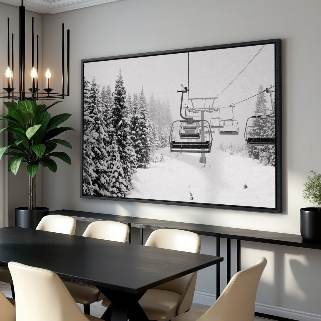 Framed Wall Art: Black and white ski lift canvas print. Modern mountain scene with snowy trees. Perfect for adding a touch of winter to your home decor.