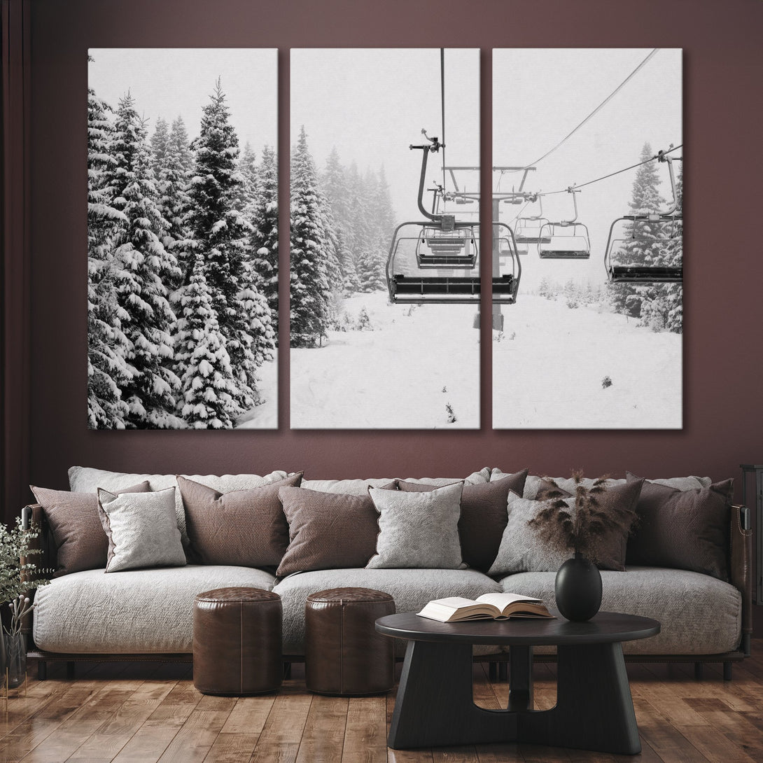 Canvas Print of a winter ski scene in black and white, showcasing snow-covered trees and a ski lift.  Modern, minimalist wall art.