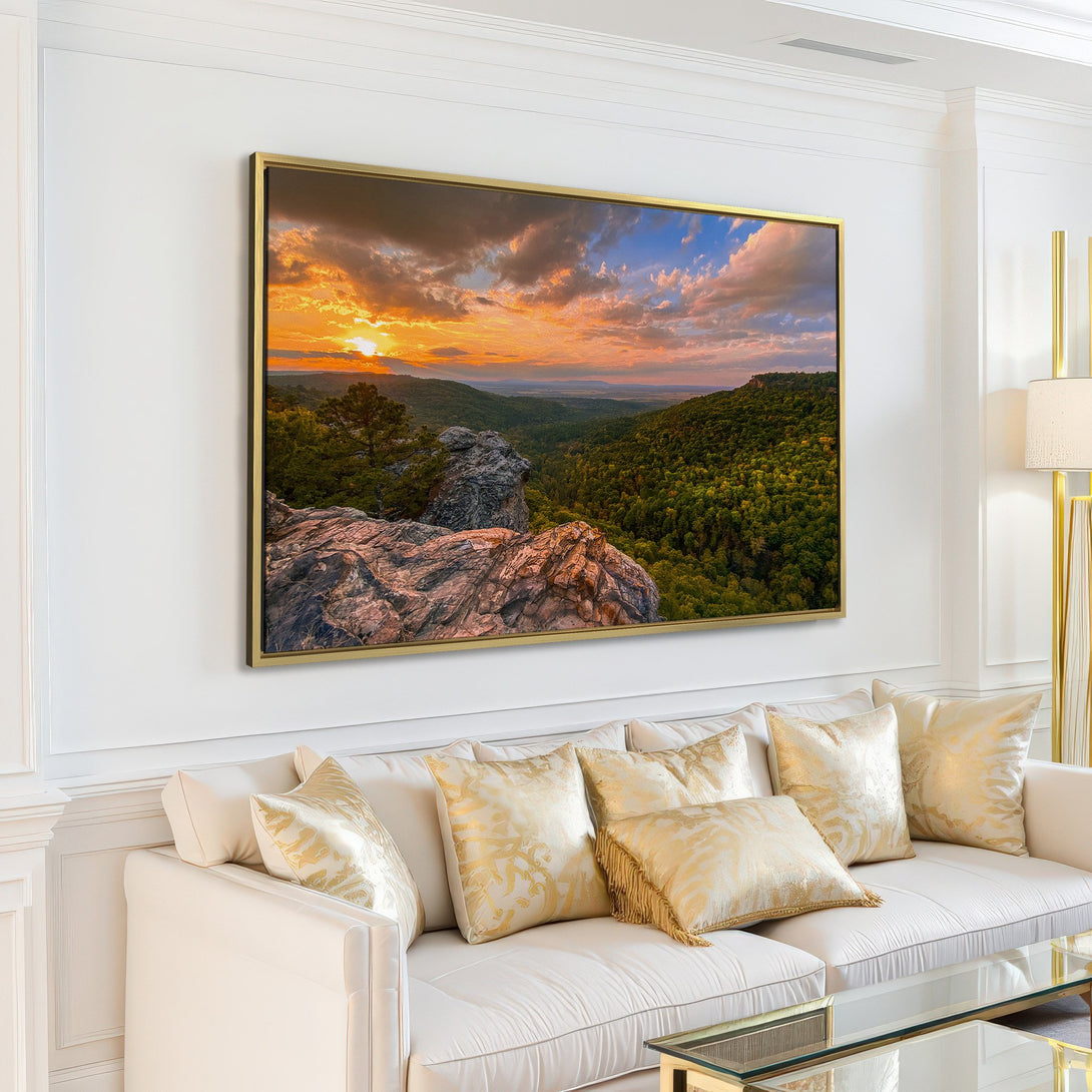 Canvas Print of a stunning mountain landscape at sunset. Warm, earthy tones with vibrant blues and greens. Perfect wall art for any home.