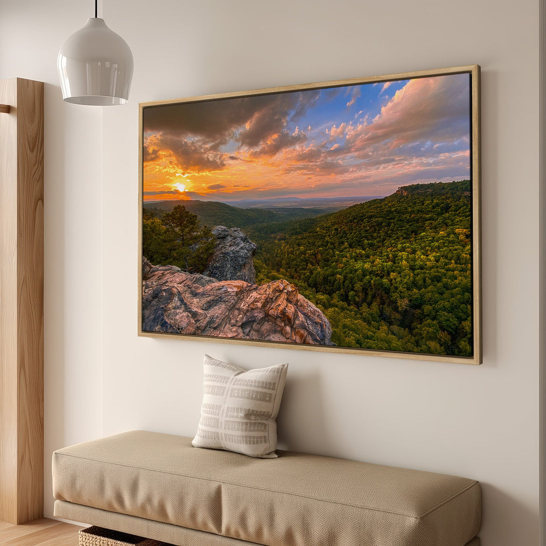 Framed Wall Art: Stunning landscape Canvas Print of a mountain sunset. Warm orange, blue, and green hues. Perfect for adding a touch of nature to your home decor.