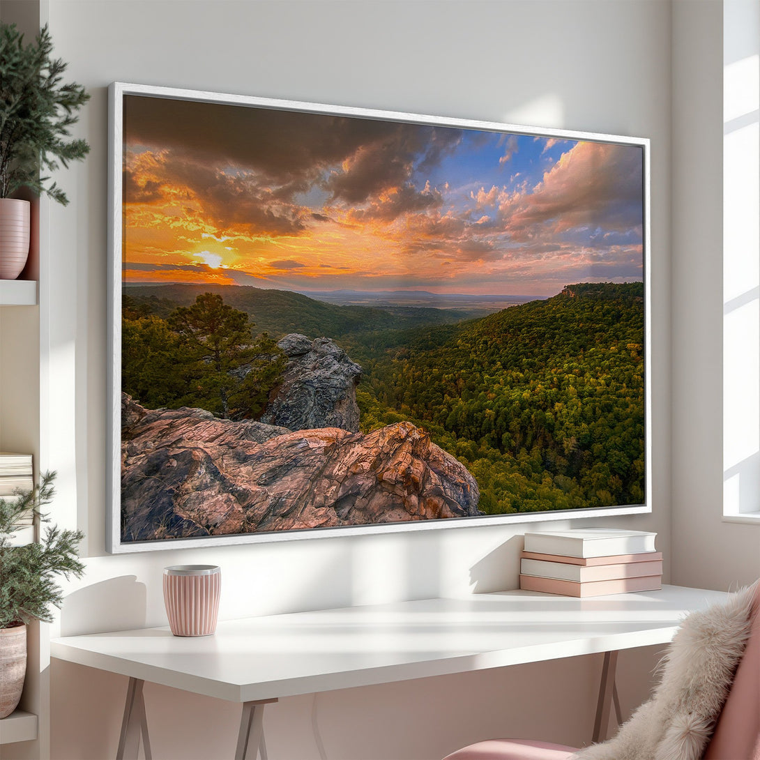 Framed Wall Art: Stunning landscape Canvas Print of a sunset over a mountain valley. Warm orange, yellow, and green color palette. Perfect for home decor.