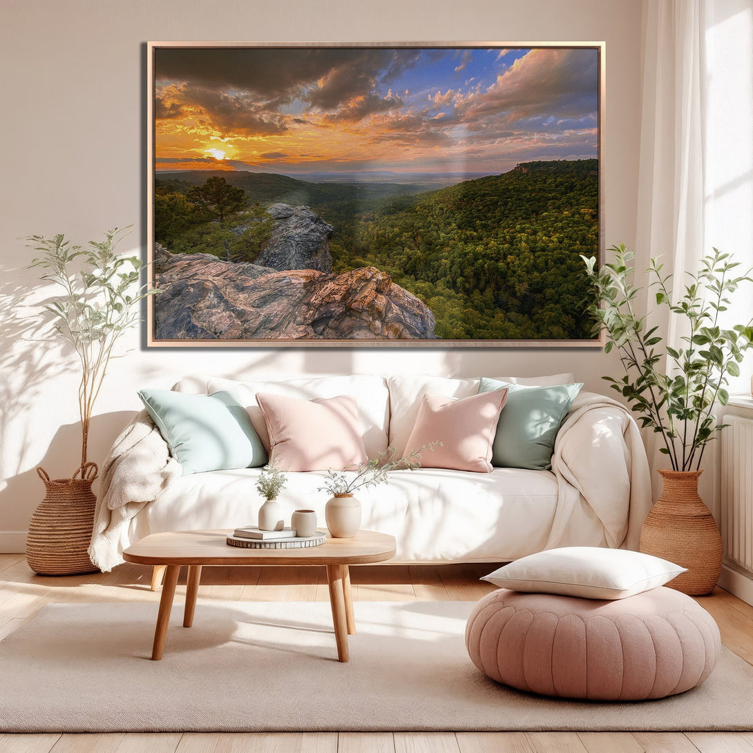 Framed Wall Art featuring a stunning sunset landscape. Earthy tones of green, orange, and blue create a serene atmosphere. Perfect for adding natural beauty to your home.