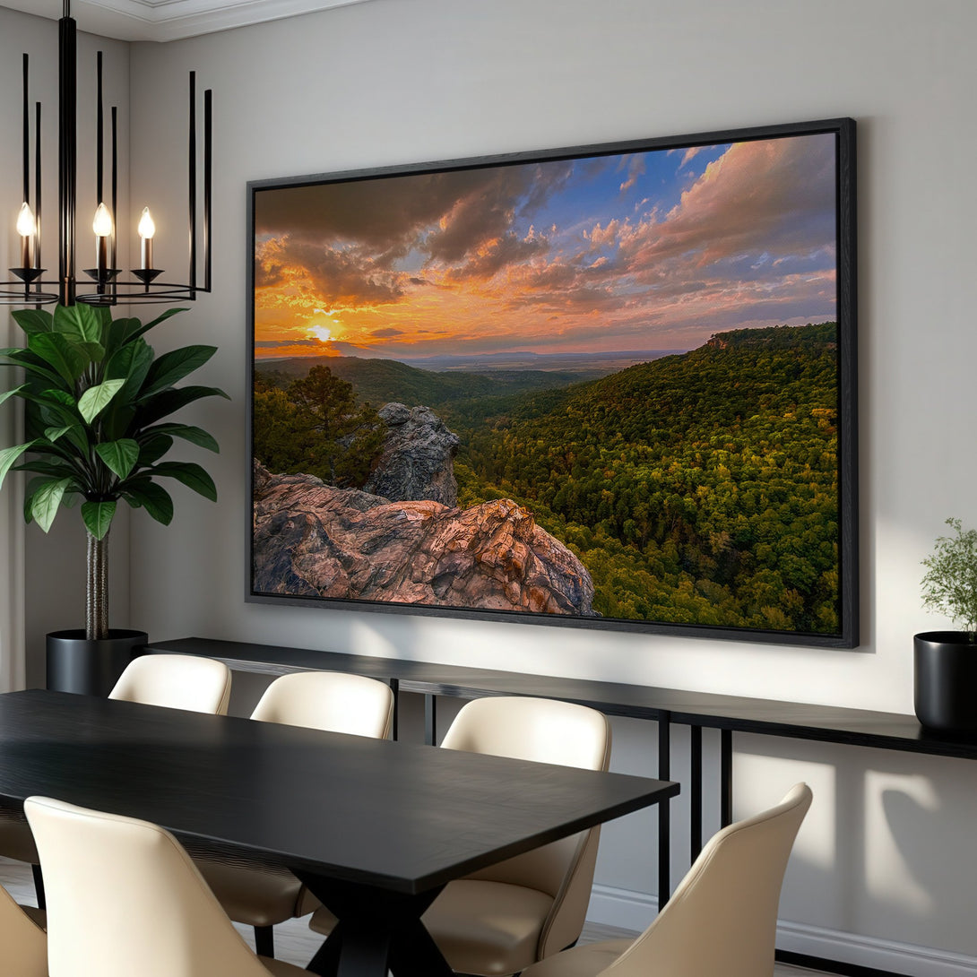 Framed Wall Art: Stunning landscape Canvas Print with vibrant sunset over a mountain range. Warm orange, blue, and green color palette. Perfect for home decor.