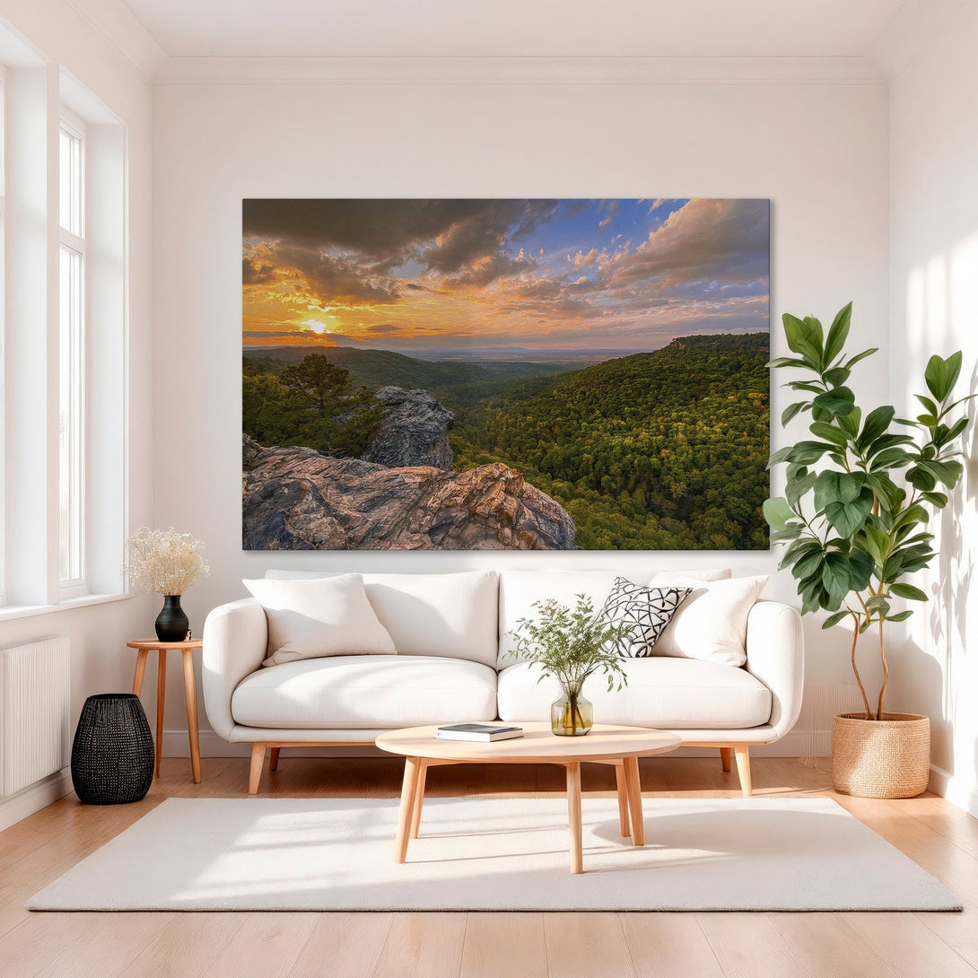 Framed Wall Art: Landscape Canvas Print of a mountain sunset. Warm orange and green hues. Modern wall decor for living room or bedroom.