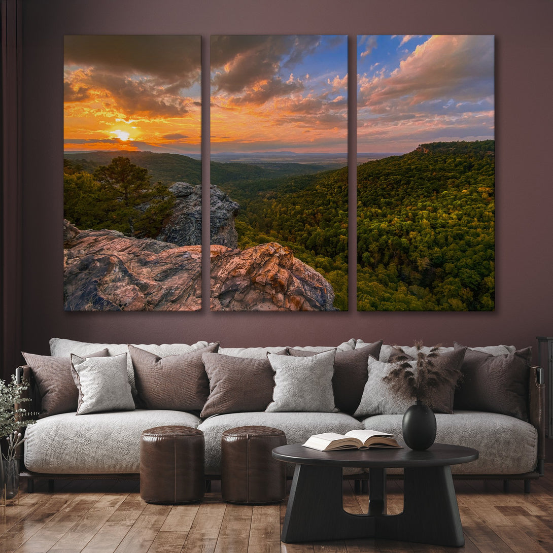 Canvas Print of a stunning sunset landscape. Warm orange and blue hues create a dramatic scene. Perfect for adding a touch of nature to any space.