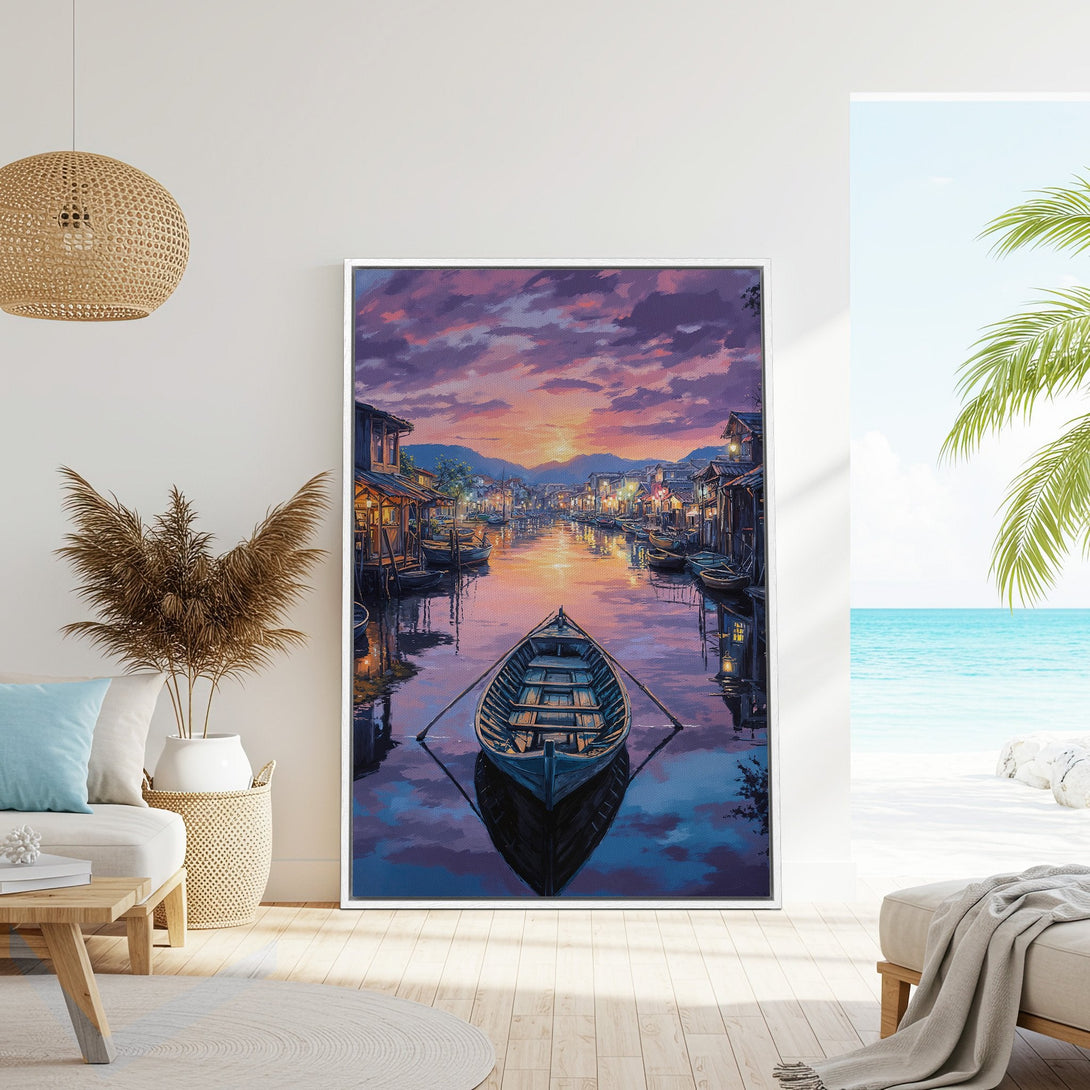 Framed Wall Art: Serene canal scene canvas print with a boat, warm sunset hues, and vibrant purple sky. Perfect for adding calm to your space.