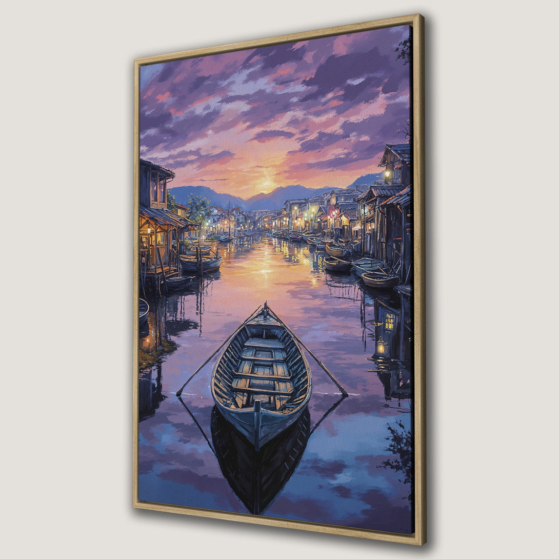 Framed Wall Art: Serene canal scene with boat at sunset. Romantic painting style with purple, orange, and blue hues. Perfect for adding warmth to any room.
