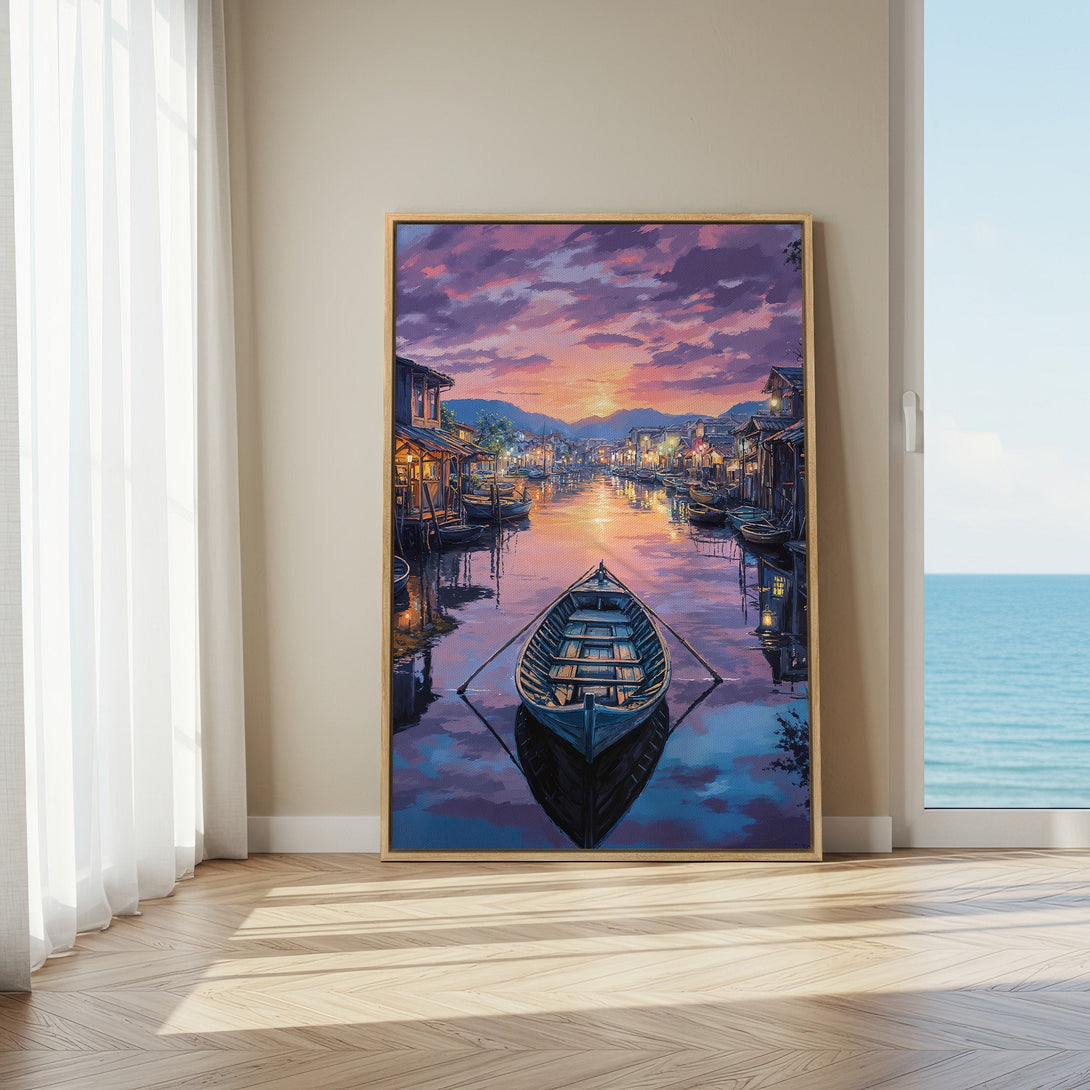 Framed Wall Art: Serene boat scene canvas print with a vibrant sunset palette of purples, blues, and oranges. Perfect for adding calming art to your space.