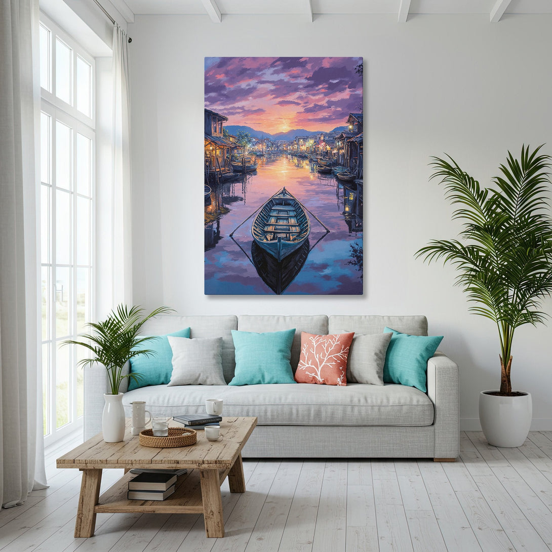 Framed Wall Art: Serene canal scene Canvas Print with a boat, warm sunset colors, and a touch of blue. Perfect for adding a calming aesthetic to your home.