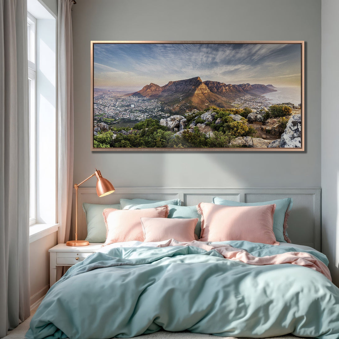 Framed Wall Art: Stunning mountain landscape Canvas Print in a bedroom. Features warm, earthy tones and a serene, natural aesthetic. Perfect for home decor.