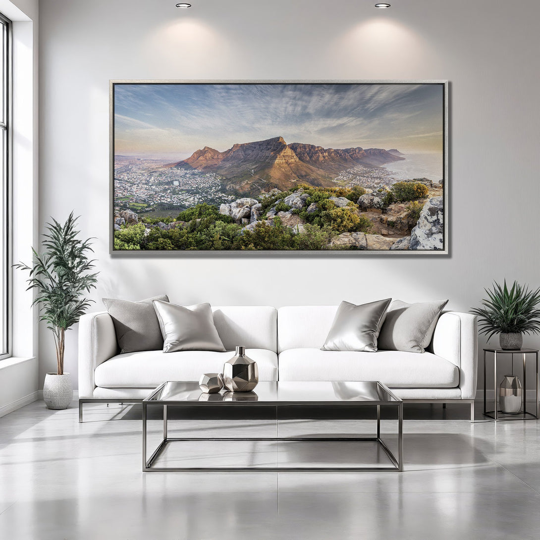Framed Wall Art featuring a stunning mountain landscape in warm tones. Elevate your space with this landscape canvas print.