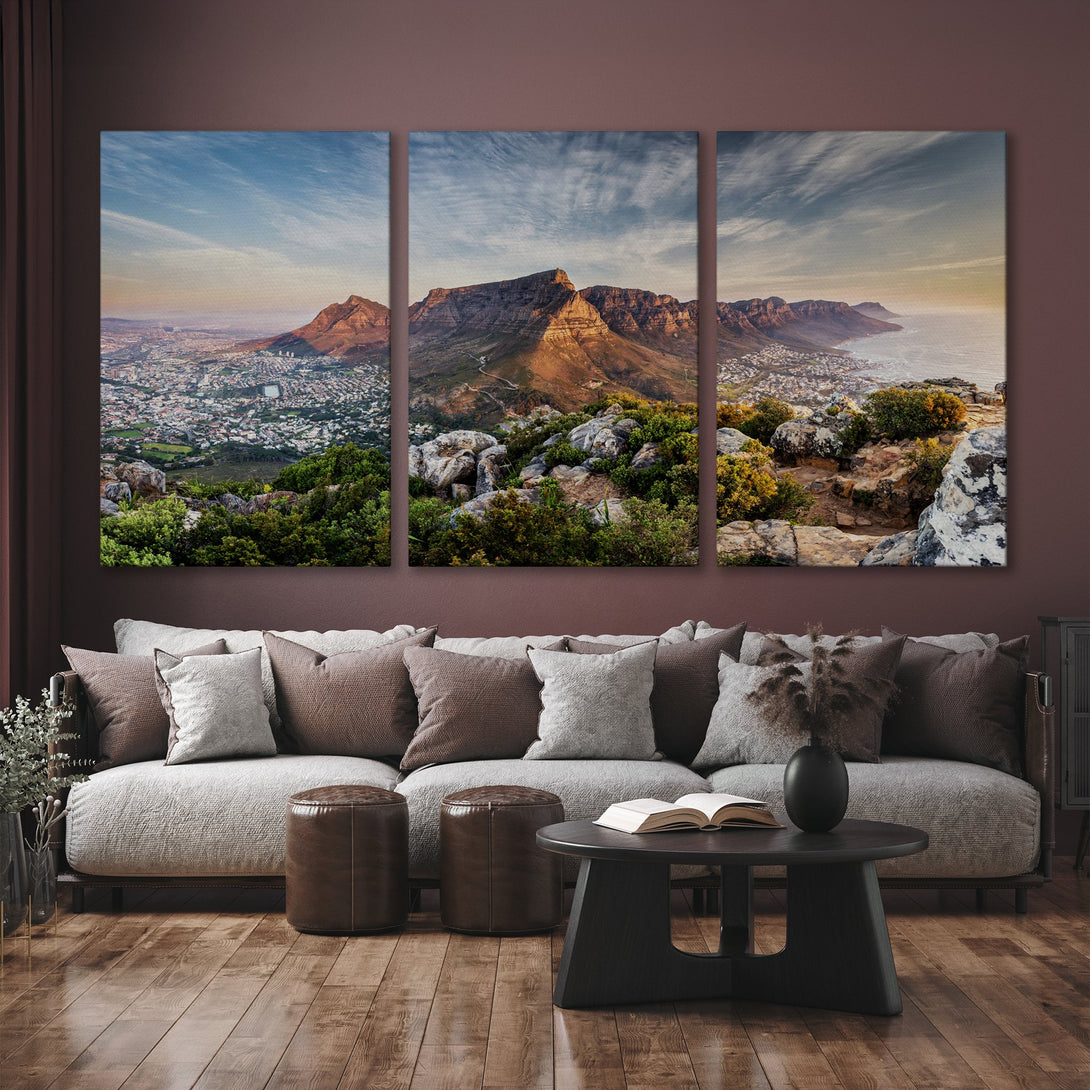 Stunning Canvas Print of Table Mountain landscape in warm tones. Bring the beauty of nature into your home with this vibrant wall art.