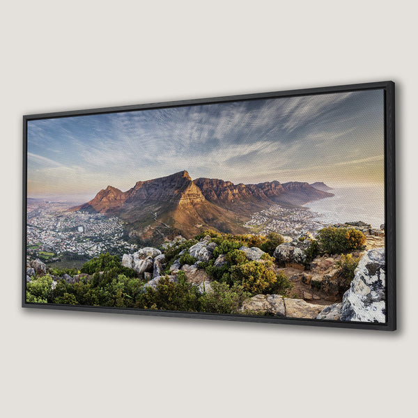 Framed Wall Art: Stunning landscape Canvas Print of Table Mountain, South Africa. Warm earth tones & blue sky create a beautiful, modern art piece for your home.