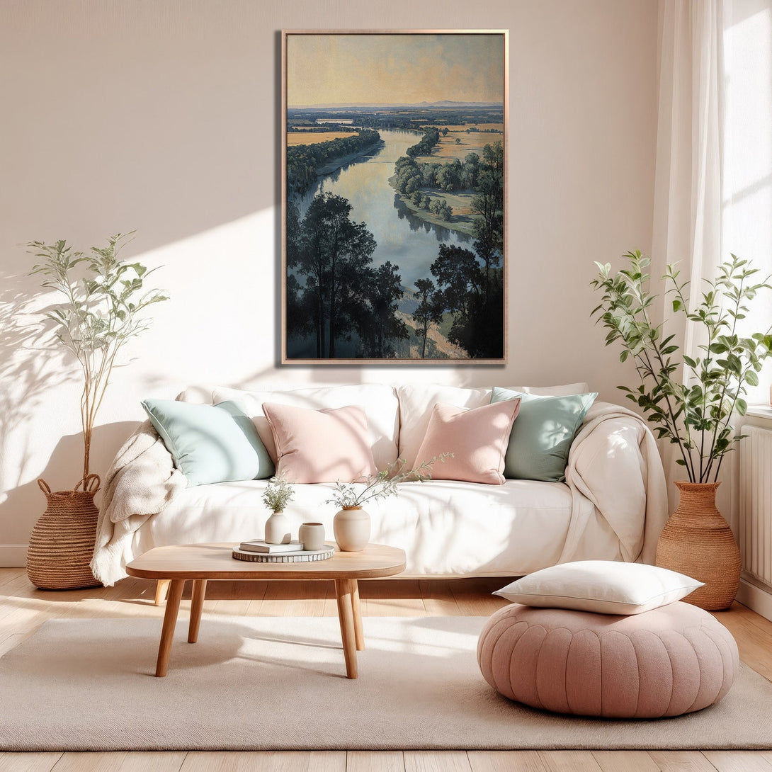 Framed Wall Art: Scenic river landscape in neutral tones. Classic style canvas print with a calming color palette, perfect for any living room.