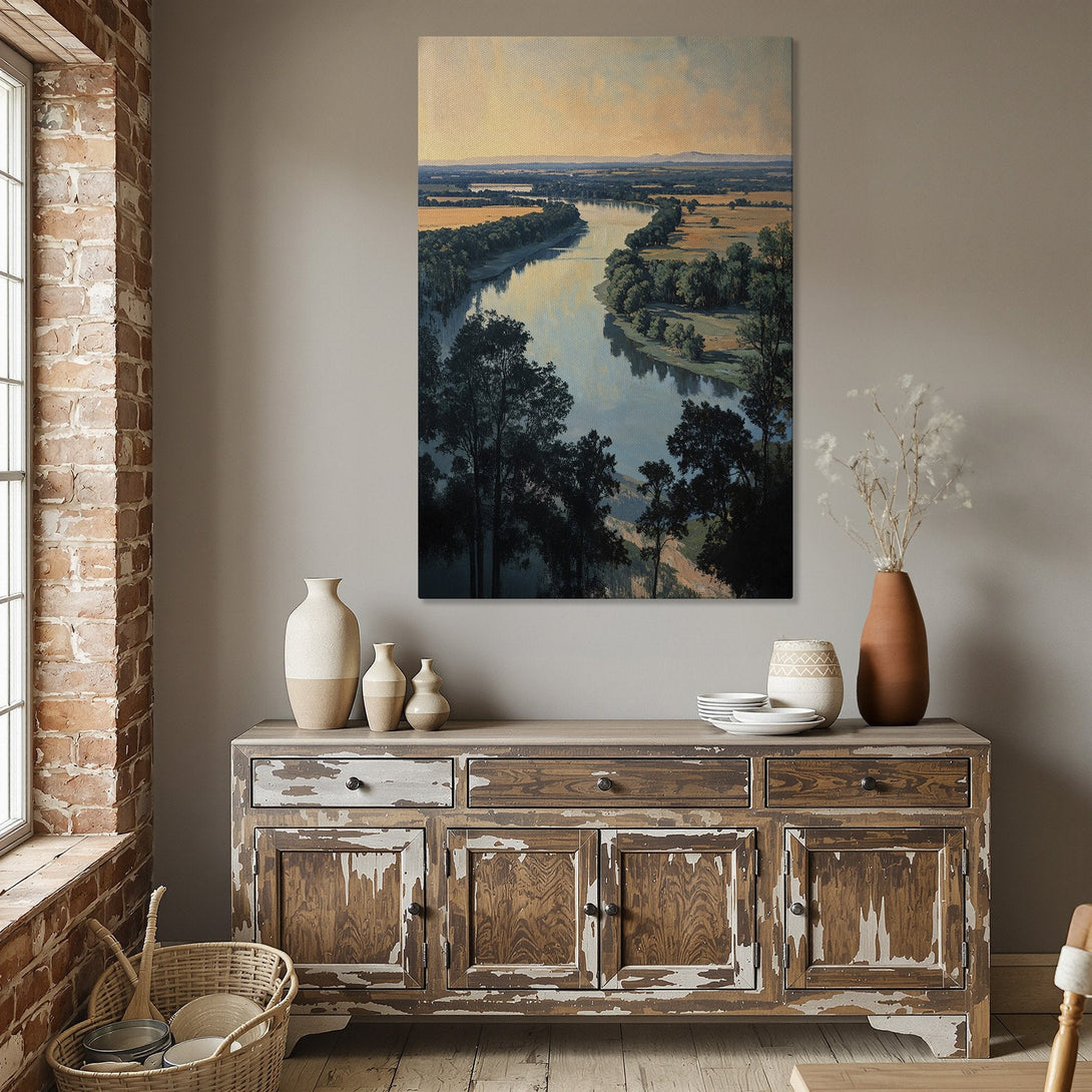 Framed Wall Art: Landscape Canvas Print in a dining room. Featuring a river scene with a warm, natural color palette. Perfect for home decor.