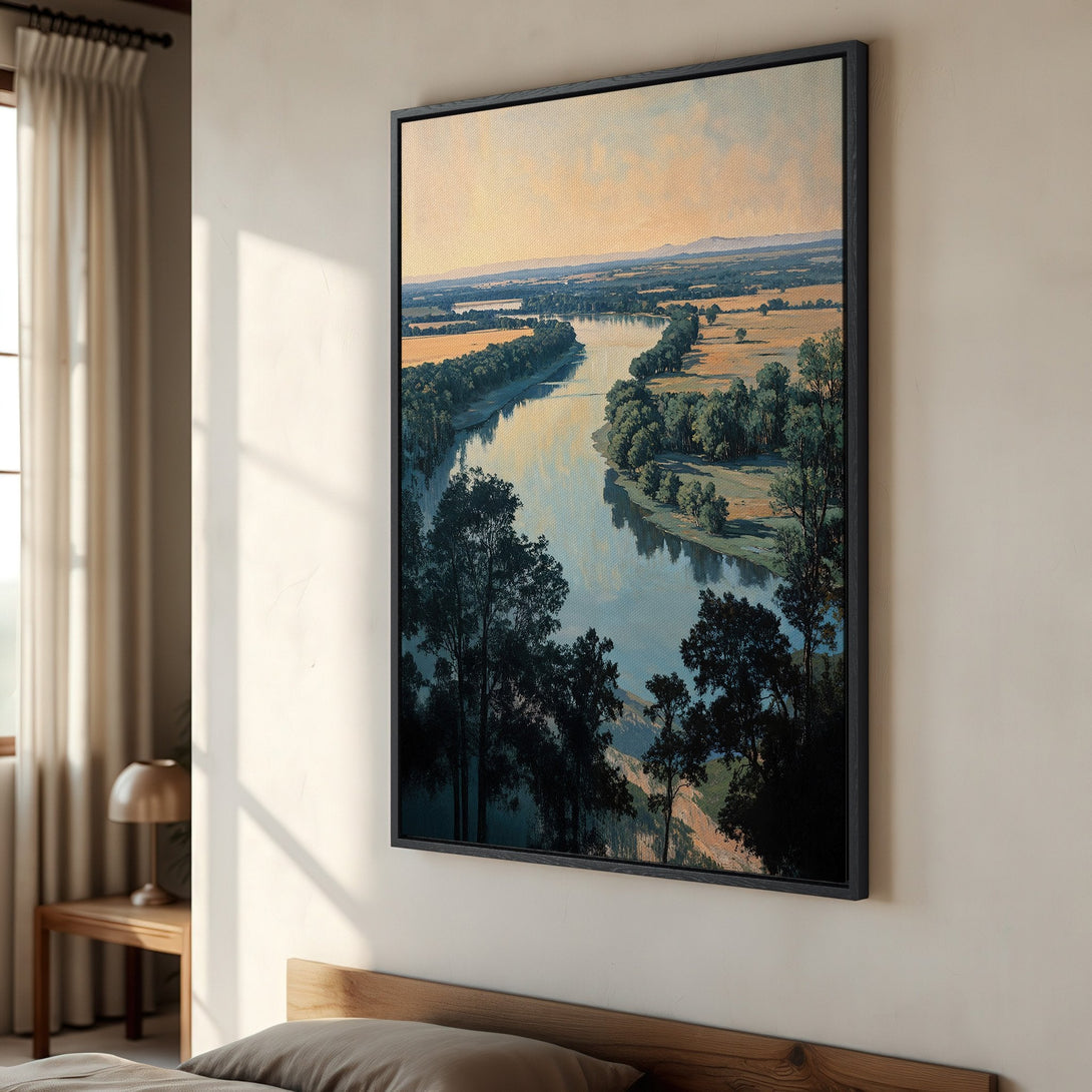 Framed Wall Art of a serene river landscape in muted blues, greens, and golds. Perfect for adding a touch of nature-inspired art to your home decor.