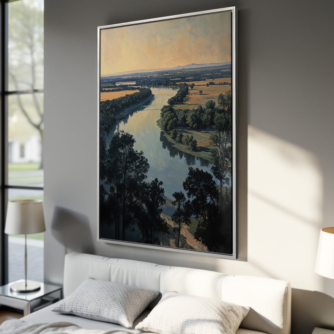 Framed Wall Art featuring a serene river landscape in a classic style with a calming palette of blues, greens, and golds. Perfect for any room!