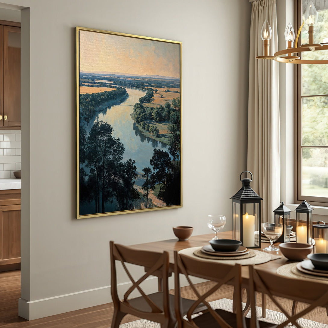 Canvas Print of a serene river landscape in a muted, earthy color palette. Perfect for adding a touch of nature-inspired art to your space.