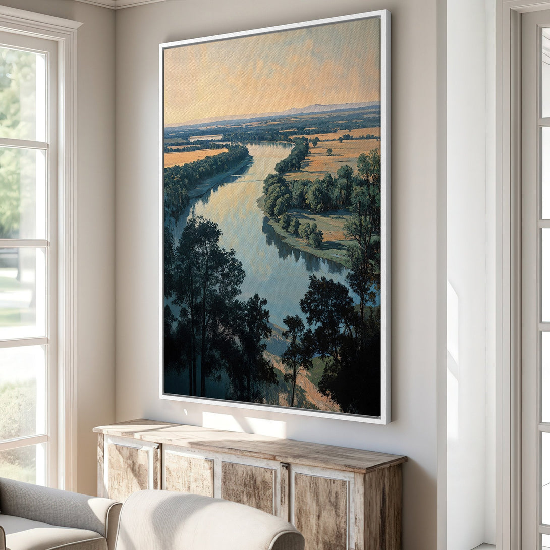 Framed Wall Art featuring a serene river landscape painting in a muted, natural color palette. Perfect for adding a touch of tranquility to your home decor.