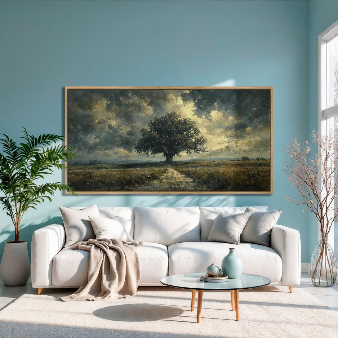 Framed Wall Art featuring a majestic tree in a field, with a moody, painterly style and a warm, earthy color palette. Perfect for any room!