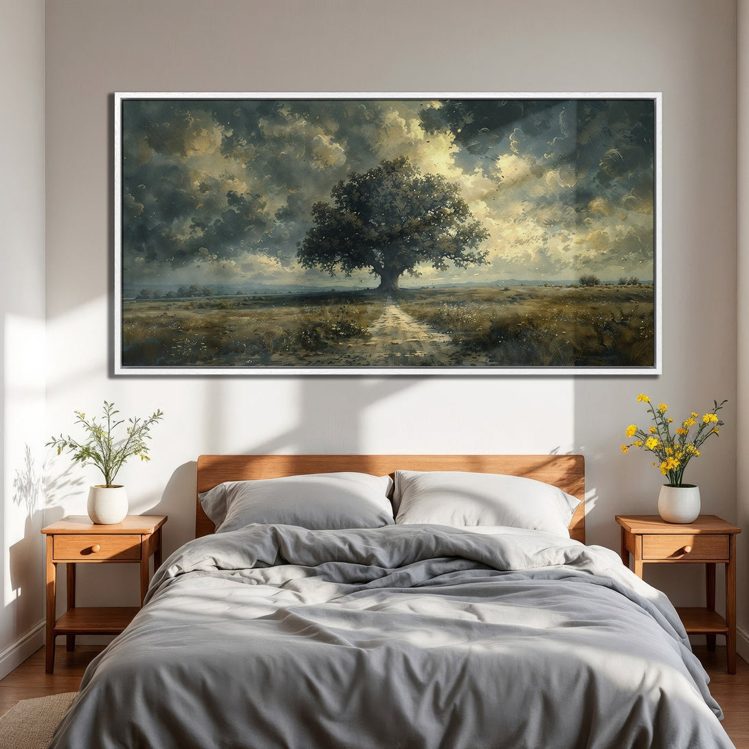 Framed Wall Art featuring a majestic tree in a dramatic landscape. Earthy tones and moody skies create a captivating, artistic Canvas Print for your home.