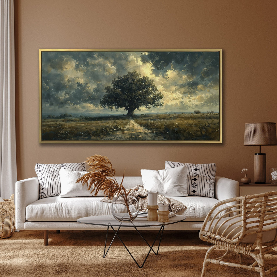Canvas Print of a dramatic landscape painting featuring a lone tree. Earthy tones and moody sky create a captivating focal point for any room.