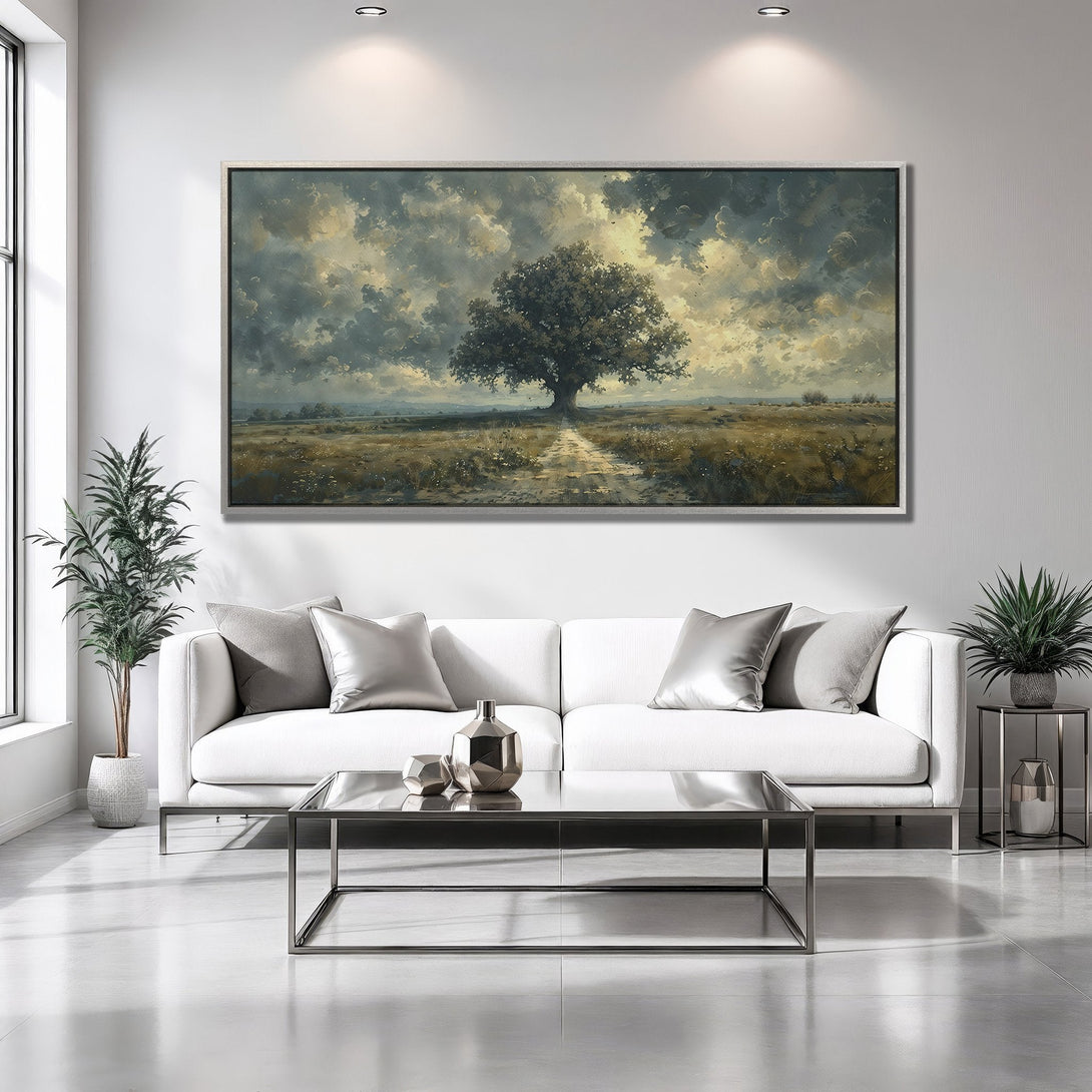Framed Wall Art: Dramatic landscape canvas print featuring a lone tree, moody sky, and warm, neutral color palette. Elevate your home decor!
