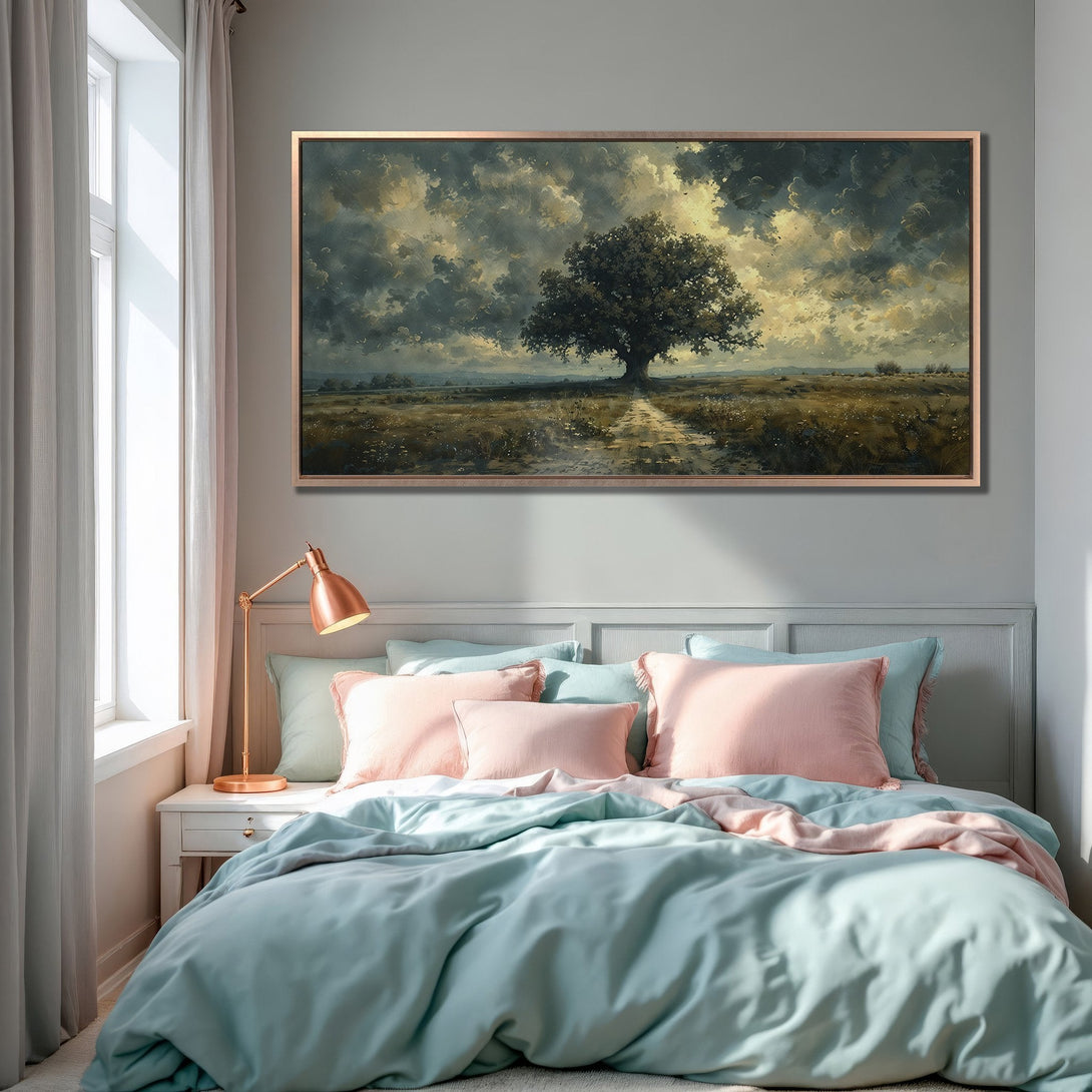 Framed Wall Art: Landscape Canvas Print with a dramatic tree scene, displayed in a bedroom with a calming pastel color palette. Perfect for adding art to your home.