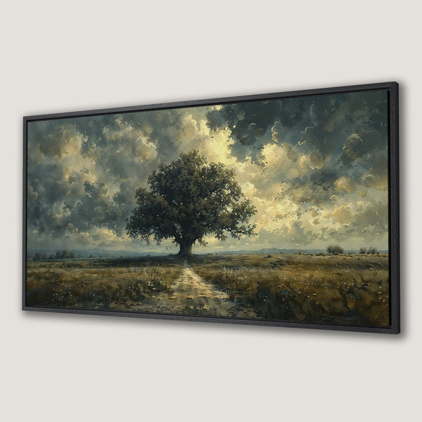 Framed Wall Art featuring a majestic tree in a field. Impressionistic style, earthy tones of brown, gold, and blue. Perfect landscape art for your home.