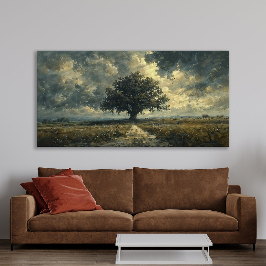 Framed Wall Art featuring a dramatic tree landscape in a warm, neutral color palette. Perfect for adding a touch of nature and elegance to your home.