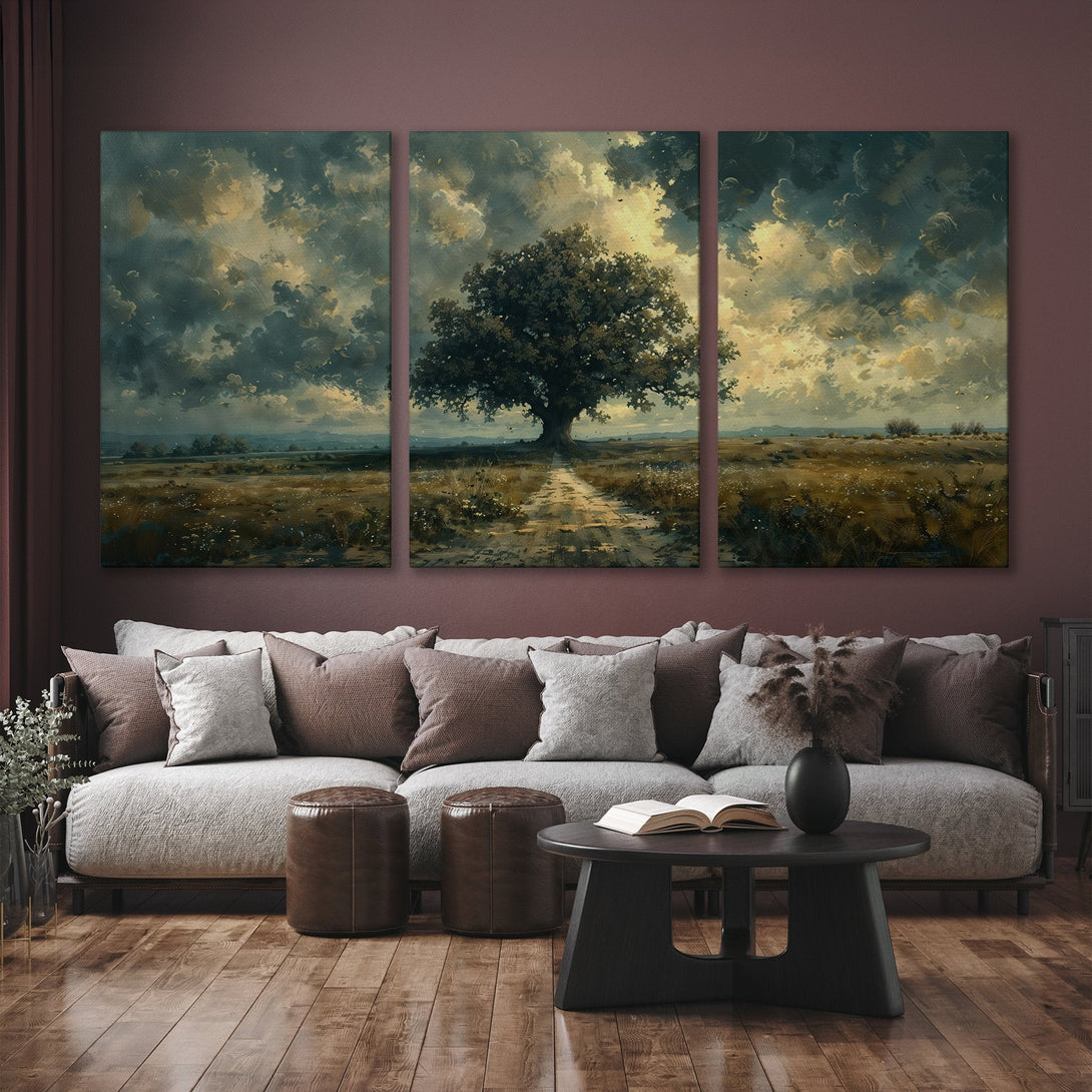 Canvas Print of a majestic tree landscape in a moody, painterly style. Earthy tones of brown, gold, and gray create a calming aesthetic.