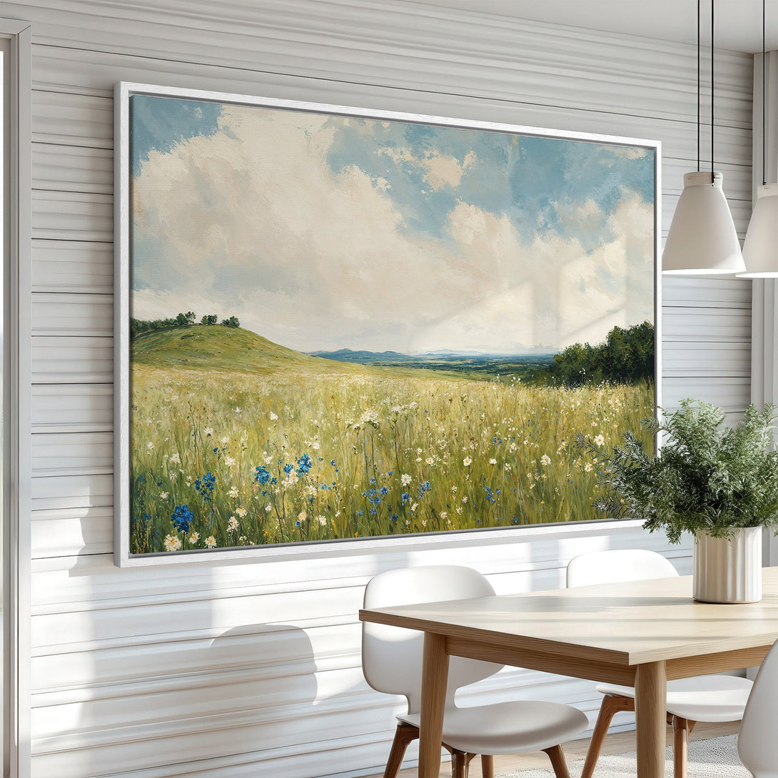Framed Wall Art: Landscape Canvas Print. Impressionistic meadow scene with blue, green, and beige tones. Perfect for adding a touch of nature to your home decor.