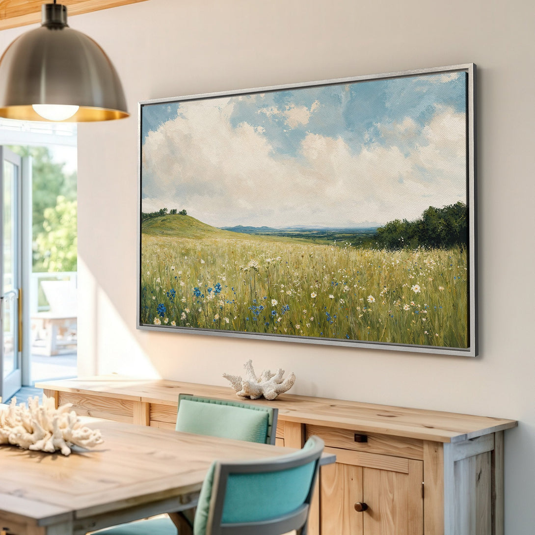 Framed Wall Art: Landscape Canvas Print with field of wildflowers. Serene artwork in a neutral color palette. Perfect for adding a touch of nature to your home.