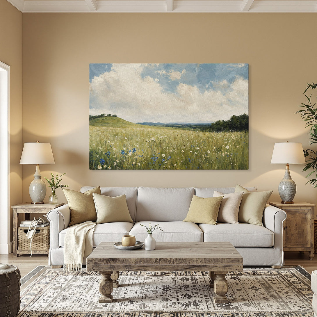 Framed Wall Art: Impressionist landscape Canvas Print with blue, green, and white hues, displayed in a warm-toned interior. Elevate your space!