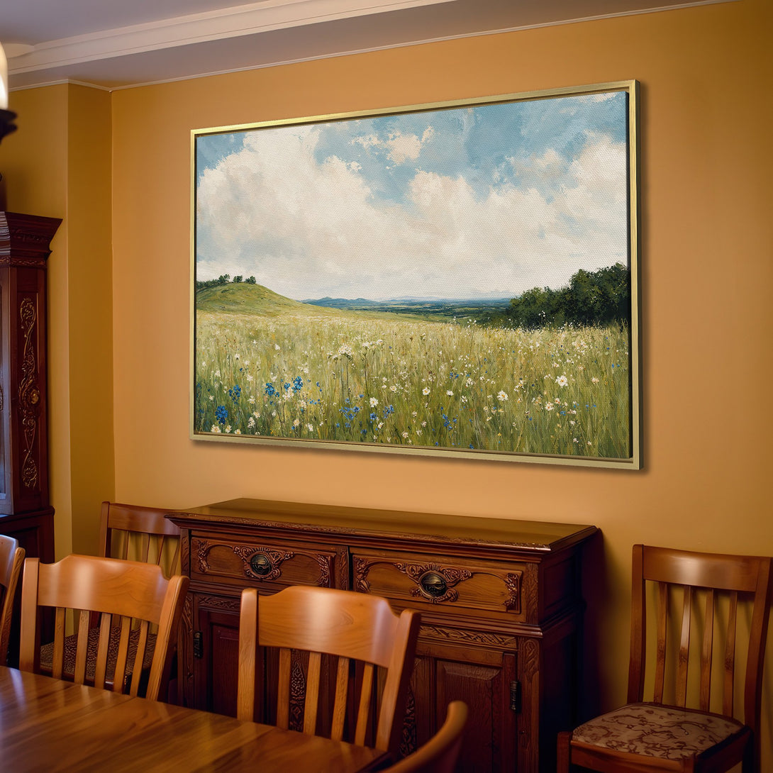 Canvas Print of a serene landscape painting with blue, green, and beige tones. Rustic style wall art perfect for living room decor.