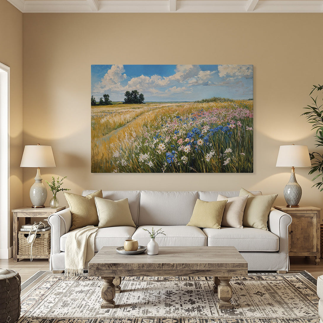 Framed Wall Art: Impressionist landscape Canvas Print with wildflowers and blue sky, in a warm, inviting interior. Bring nature indoors!