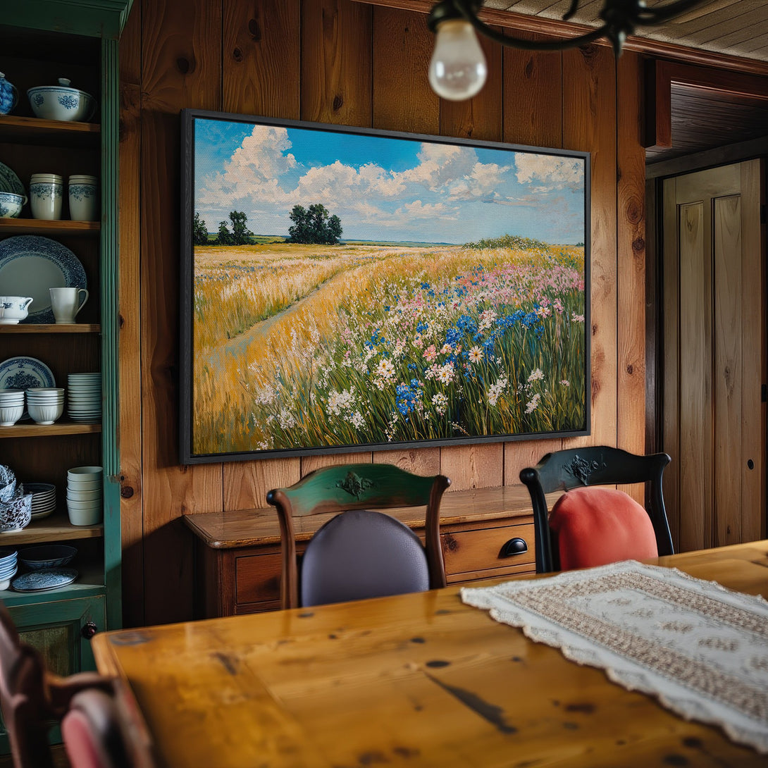 Framed Wall Art: Impressionist landscape Canvas Print with blue sky, wildflowers, and a warm, natural color palette. Perfect for rustic decor.