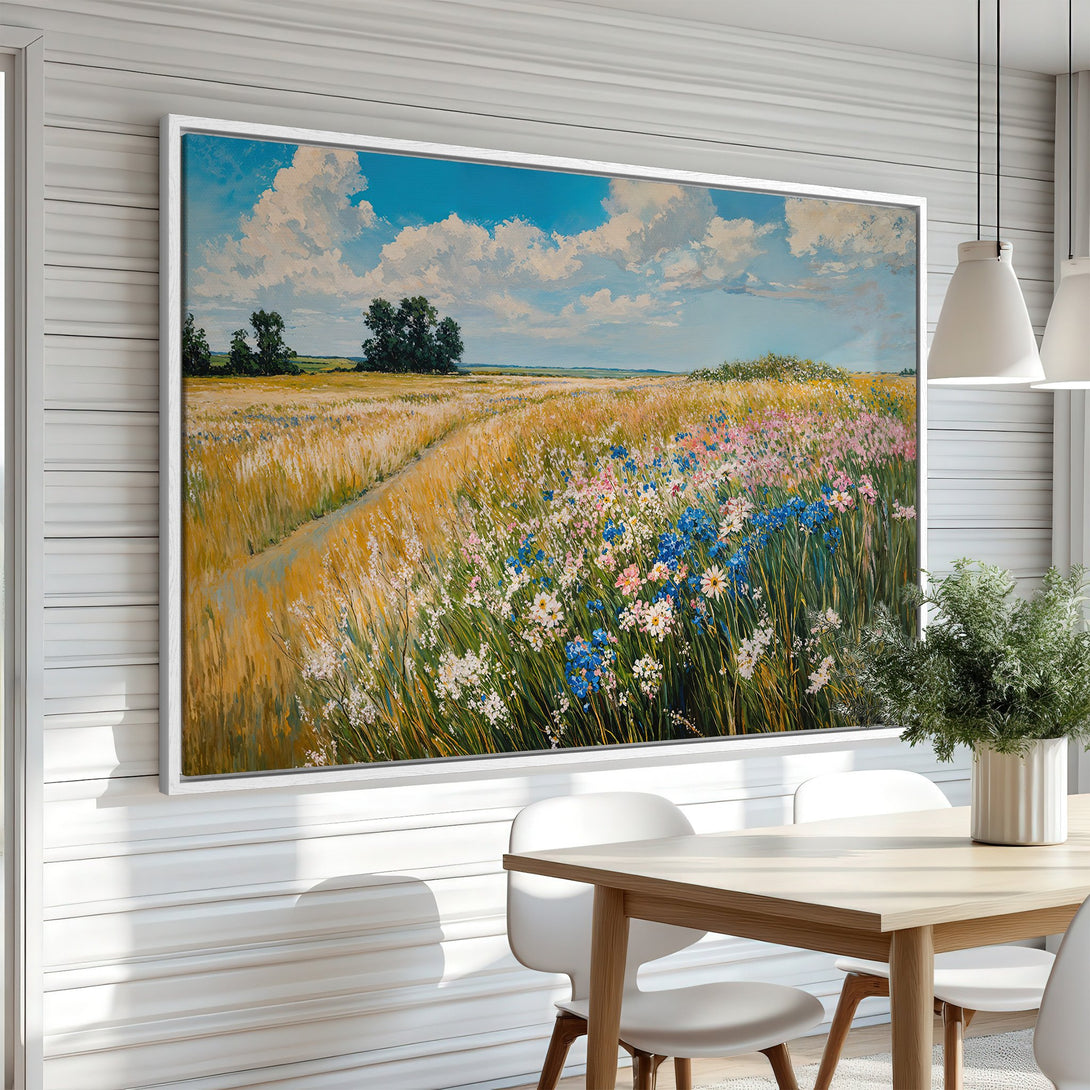 Framed Wall Art: Impressionist field painting with wildflowers in a bright, colorful palette. Perfect for adding a touch of nature to your home decor.