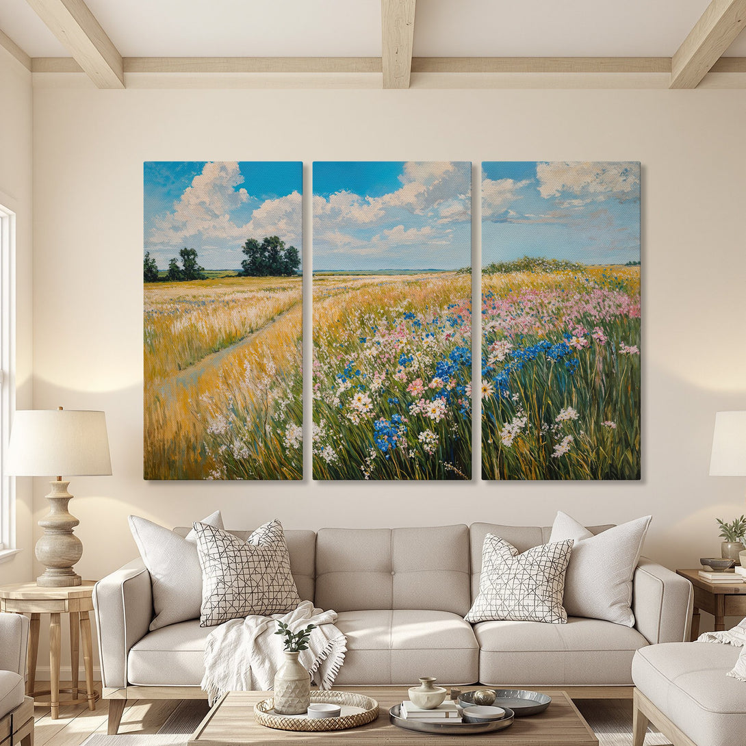 Canvas Print of a vibrant field landscape painting. Featuring blue sky, wildflowers, and a warm color palette. Perfect for home decor.