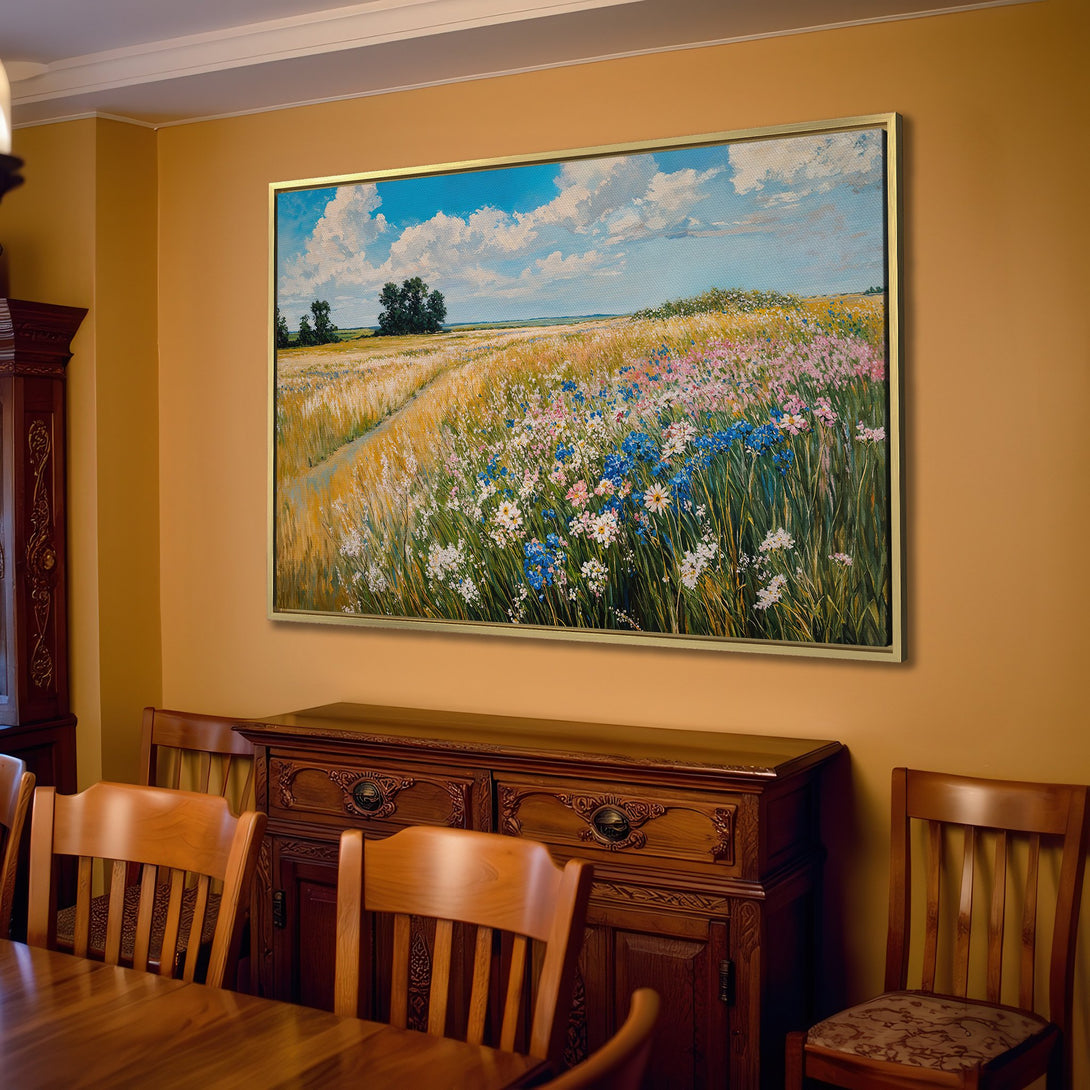 Canvas Print of a vibrant field landscape painting with a blue sky. Warm, inviting color palette. Perfect for living room decor.
