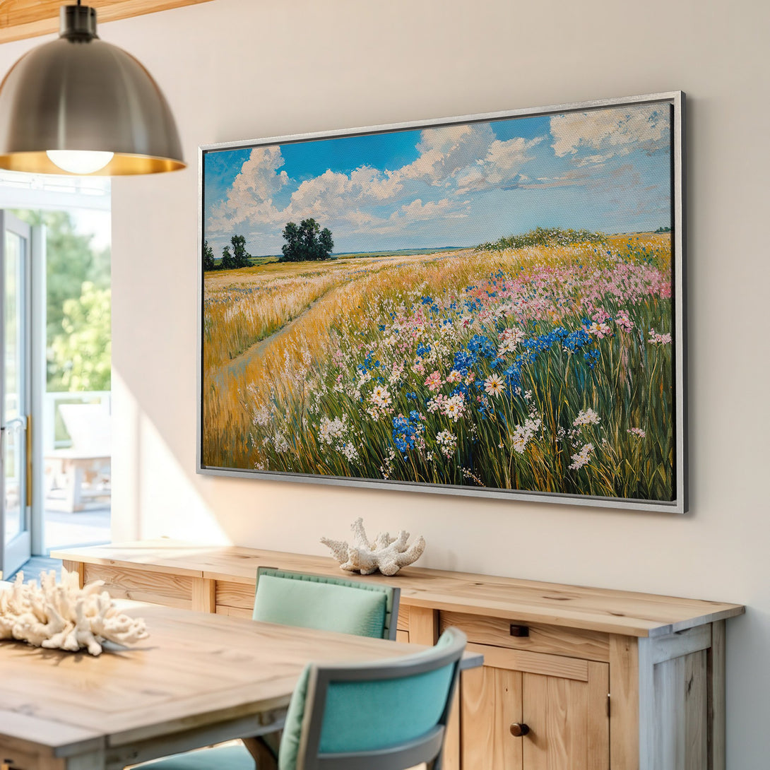 Framed Wall Art: Impressionist field of wildflowers in a vibrant color palette. Bring the beauty of nature indoors with this stunning canvas print.